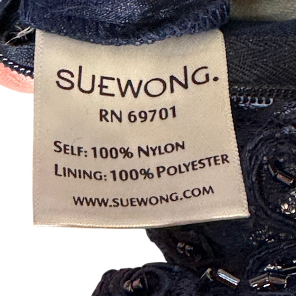 Sue Wong Navy Blue Beaded Lace Cocktail Dress V-Neck 3/4 Sleeve Formal Gown - Picture 15 of 16